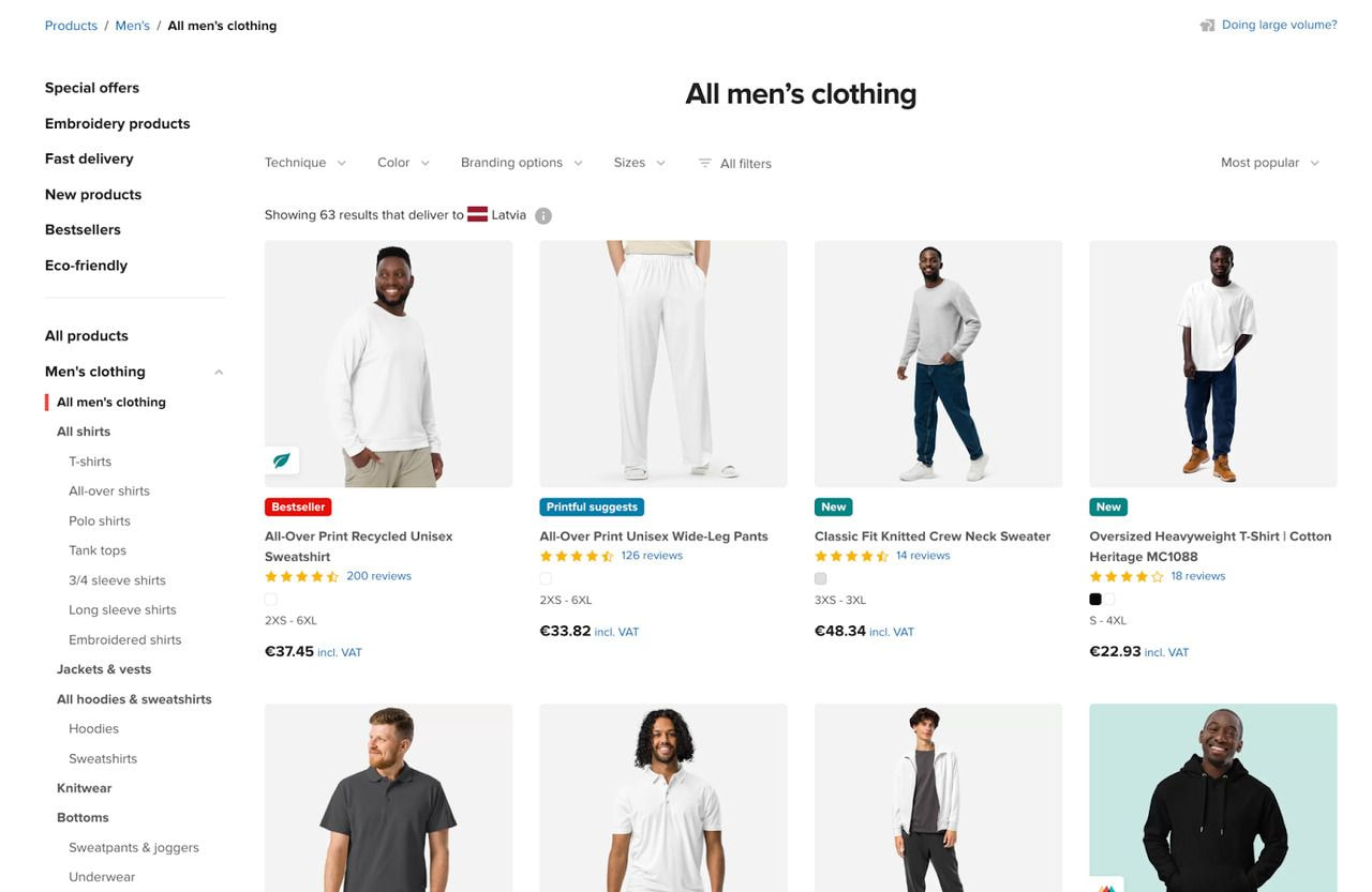 men's clothing section on Printful's catalog