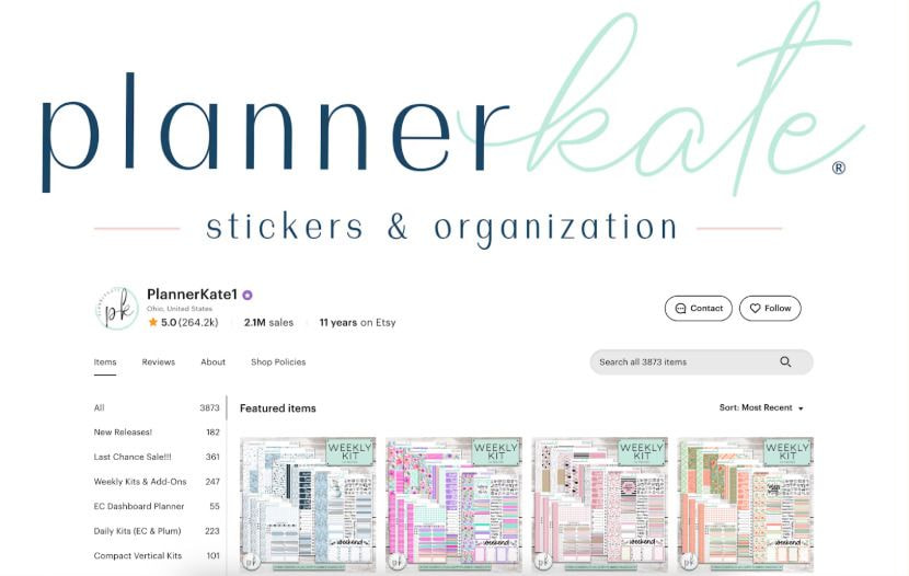 a screenshot of the PlannerKate Etsy page