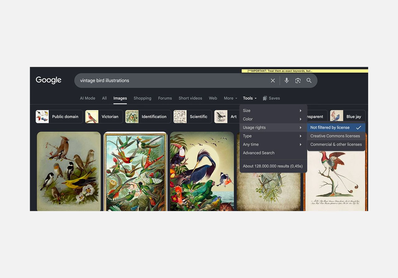 Screenshot of a Google Images search for 'vintage bird illustrations' with the usage rights filter menu open