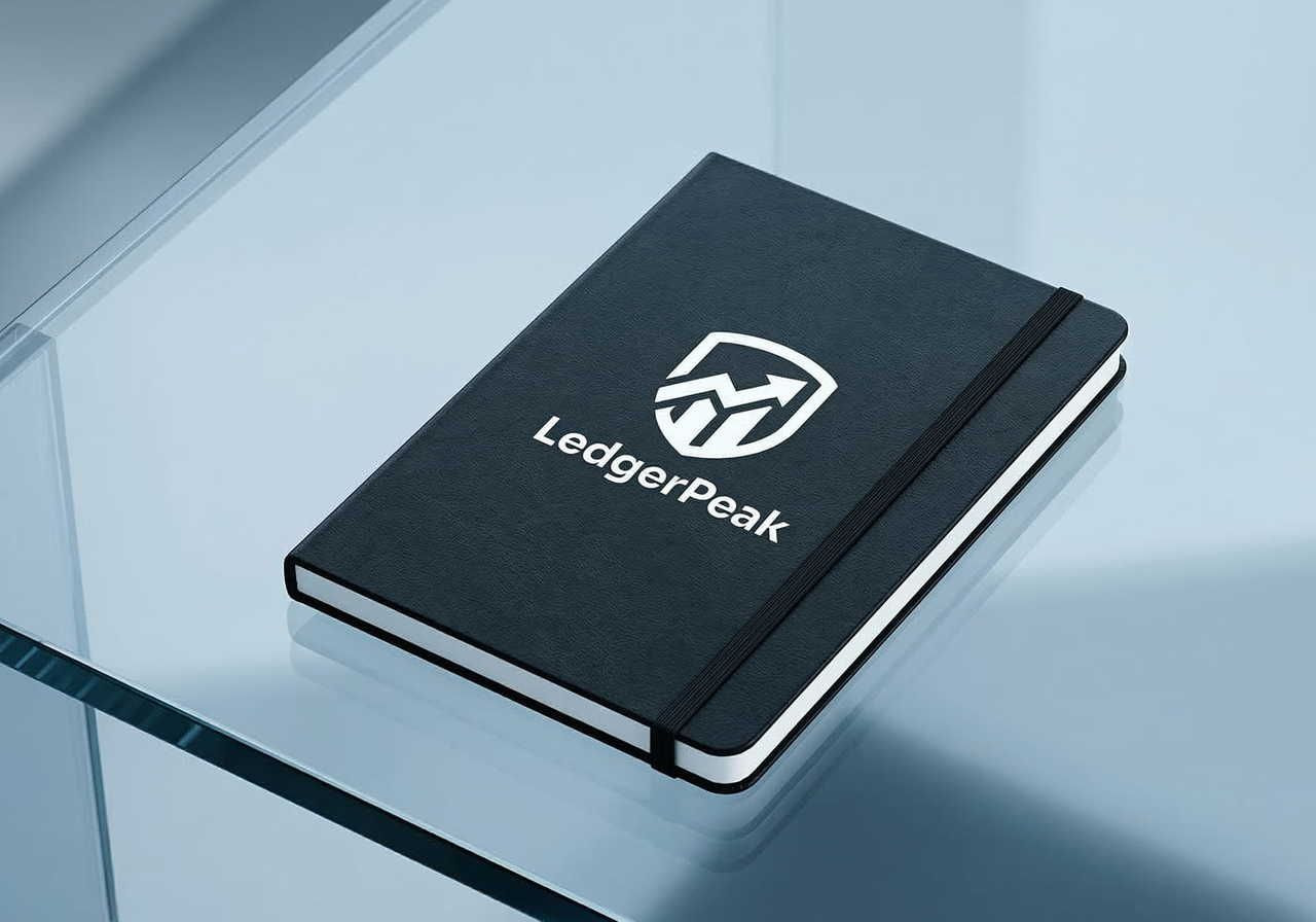 A sleek black notebook with a white "LedgerPeak" logo and graph design lies on a glass surface. The notebook is closed with an elastic band.