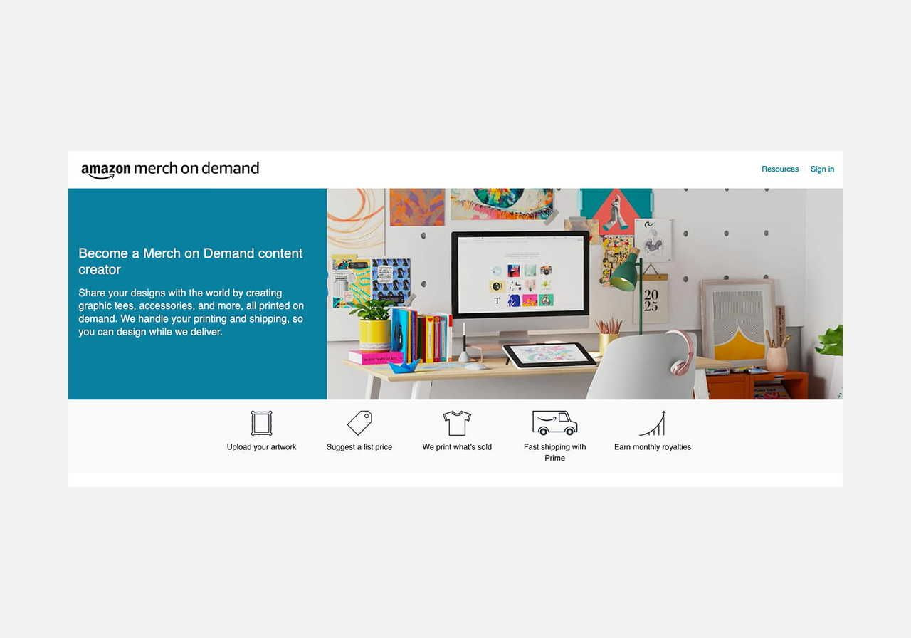 A screenshot mockup of the Amazon Merch on Demand homepage hero section as an example of a Zazzle alternative.