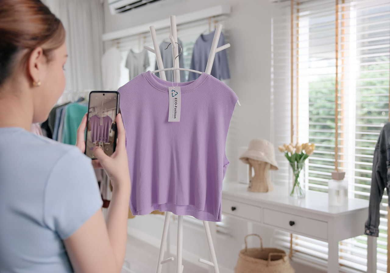 A woman taking a photo of a lavender sleeveless top hanging on a clothing rack in a bright, airy room with natural light.
