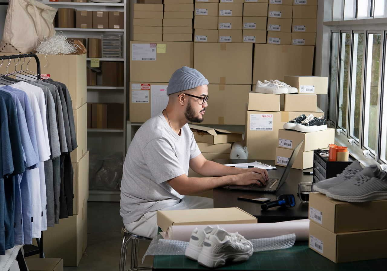 A man sits at a desk with a laptop in a store room filled with boxes and clothing.