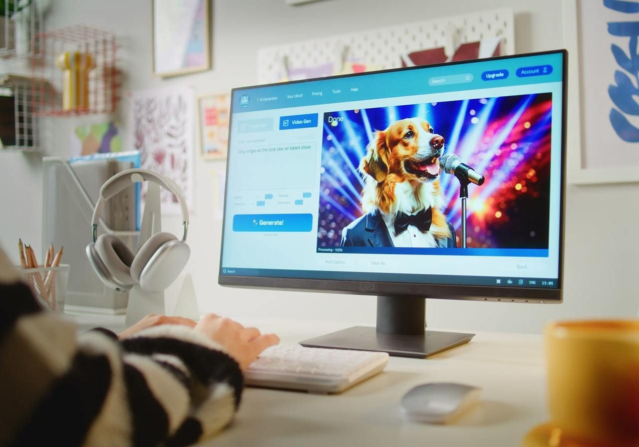 A person uses a computer showing an AI-generated image of a dog in a tuxedo singing into a microphone on stage.