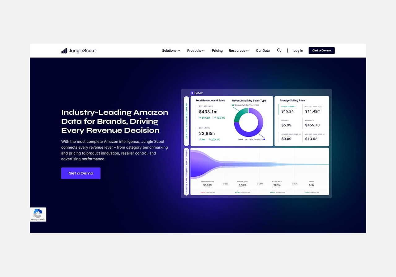 JungleScout homepage hero section screenshot mockup.