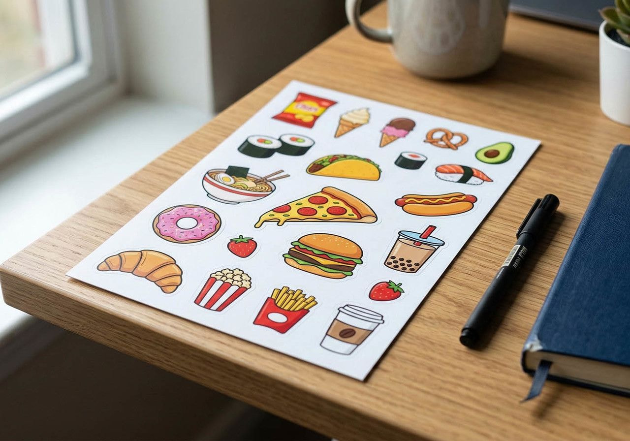 A sheet of colorful food stickers sits on a wooden desk near a window. Stickers include pizza, burgers, sushi, and more.