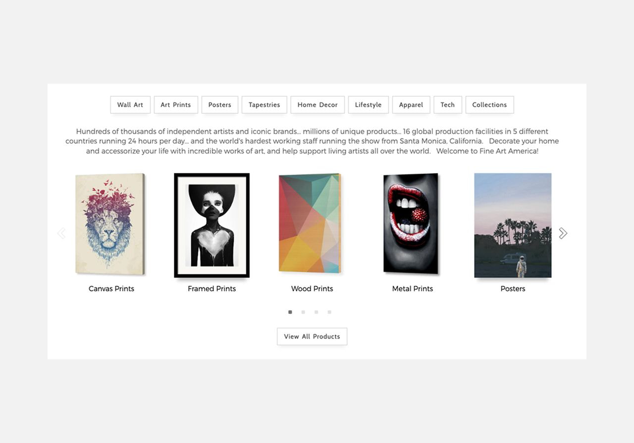 Fine Art America homepage showing wall art product types.