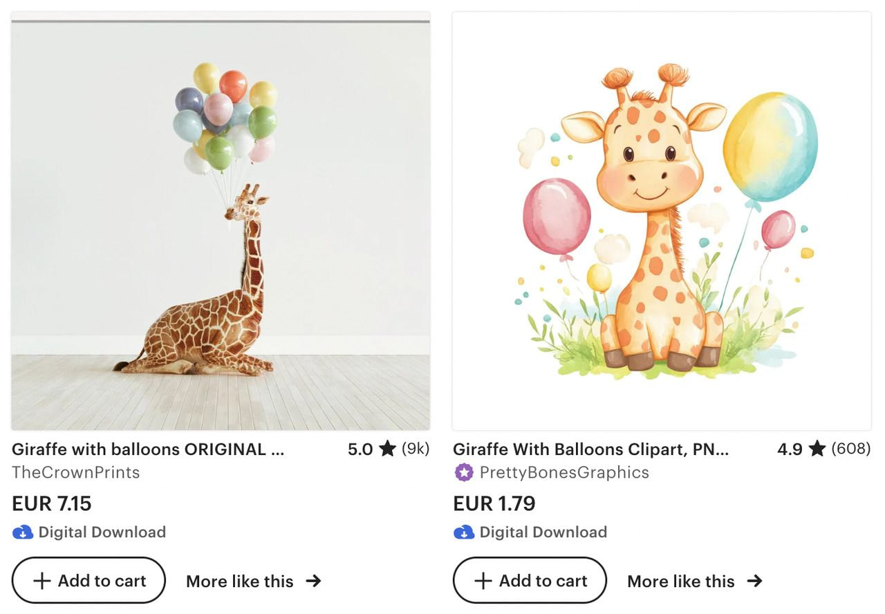 Two digital giraffe prints, two different prices. Source: Etsy