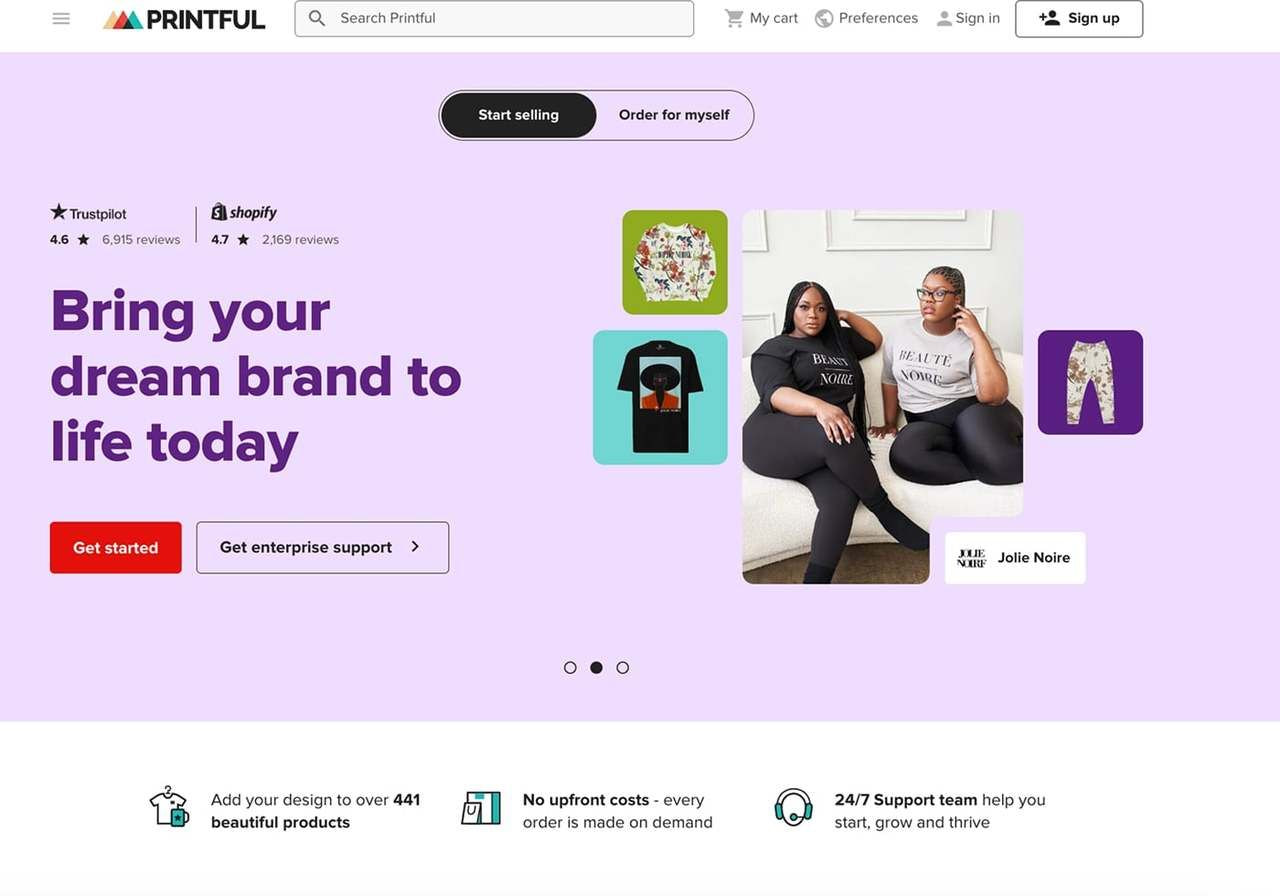 A screenshot of the Printful landing page.
