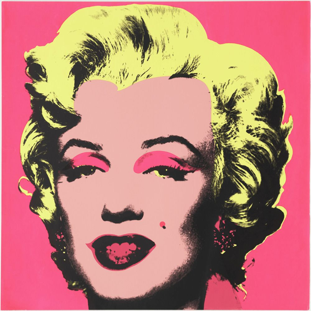Andy Warhol's iconic artwork of Marilyn Monroe, featuring vibrant pink, yellow, and black colors in a repeated pattern.
