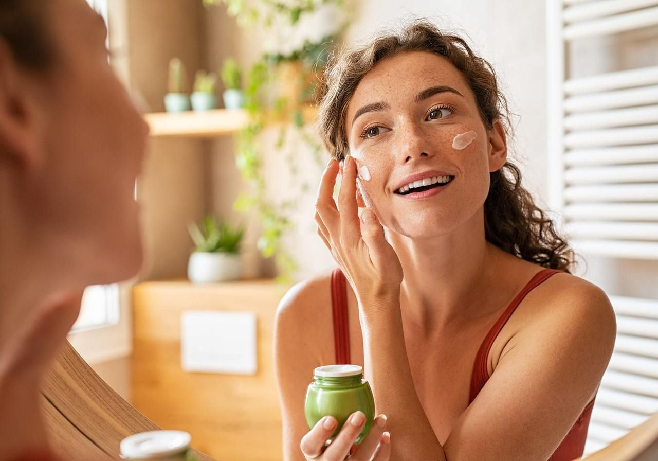 A woman applying skincare products.