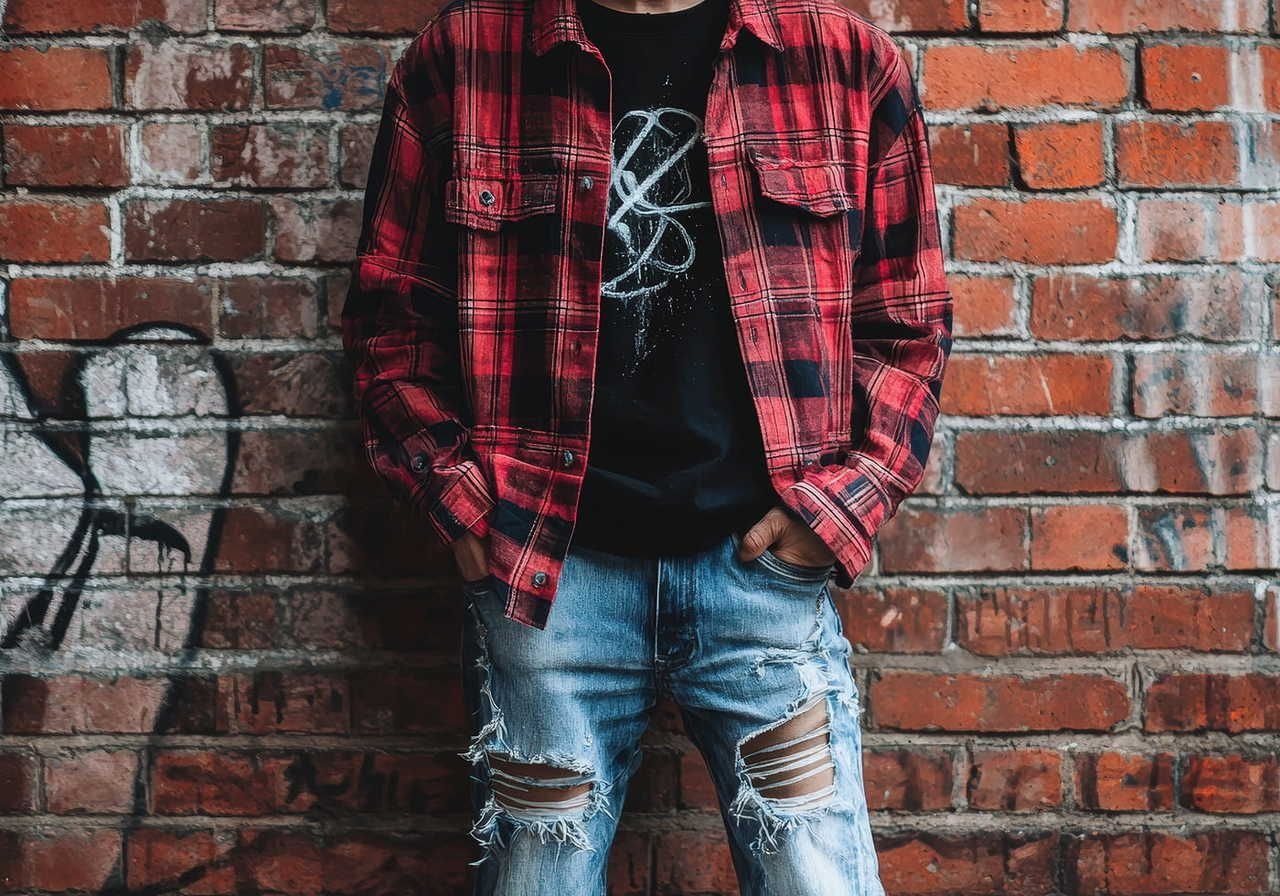 A person in a red plaid jacket and ripped jeans stands against a graffiti-covered brick wall, as a grunge fashion example.