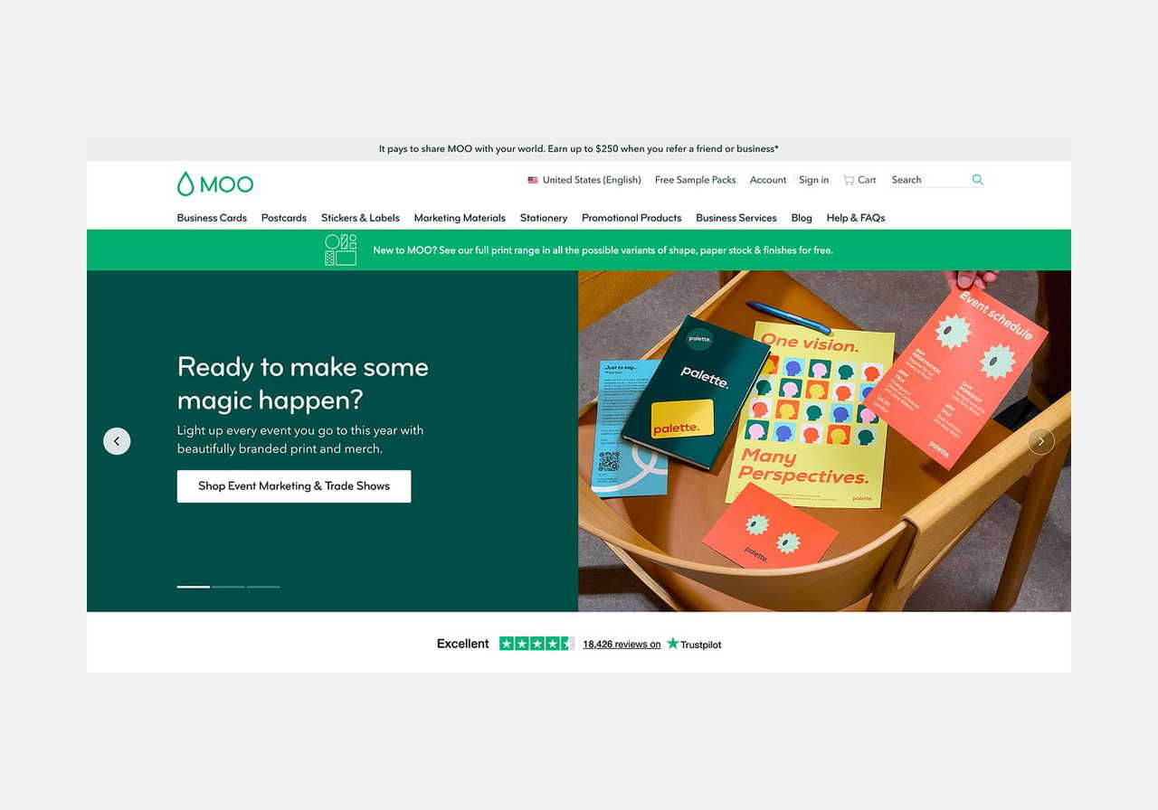 A screenshot mockup of the MOO homepage hero section.