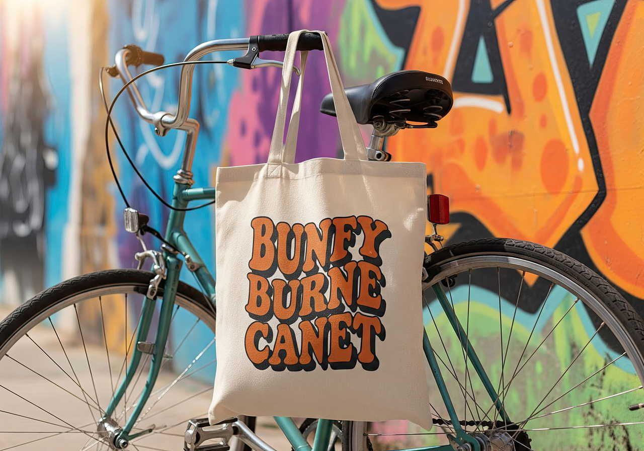 A blue bicycle with a beige tote featuring bold orange text is parked against a vibrant, colorful graffiti wall.