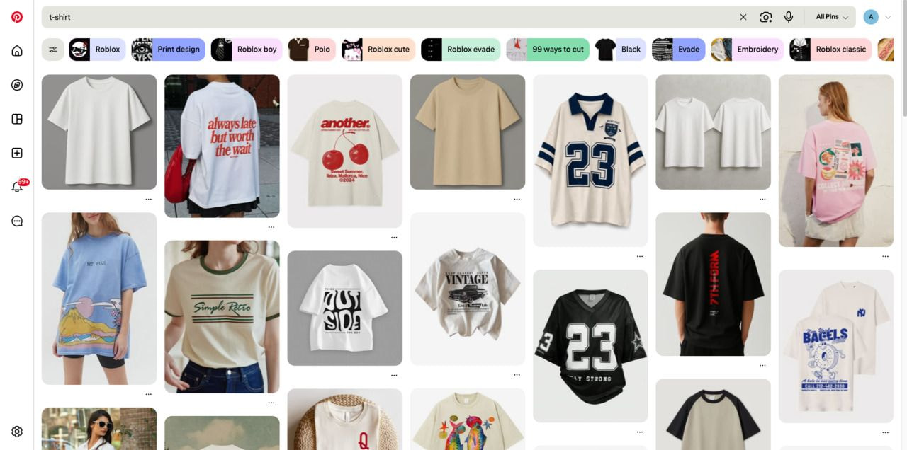 Pinterest search results page showing a collection of custom T-shirt design ideas, graphic prints, typography concepts, and apparel inspiration.