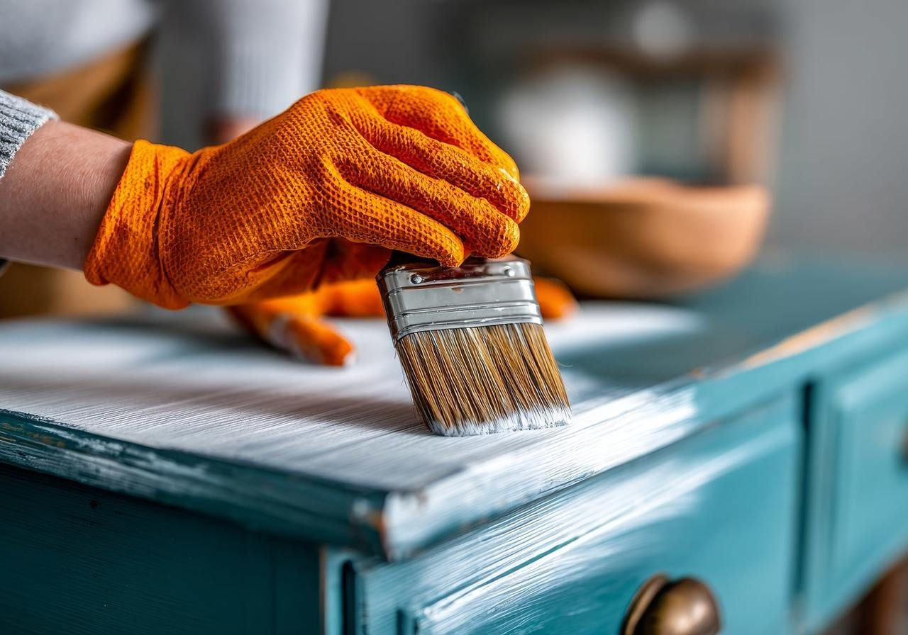 A person in orange gloves is painting over old furniture with a brush.