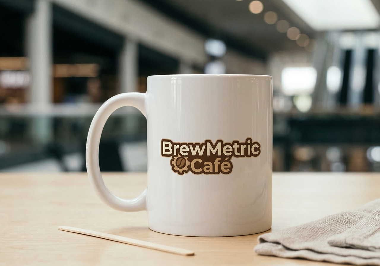 A white mug with "BrewMetric Café" logo sits on a wooden table, background is a modern café interior. Wooden stirrer and napkin lie nearby.