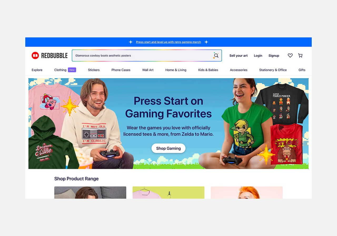 Redbubble homepage hero section screenshot mockup.