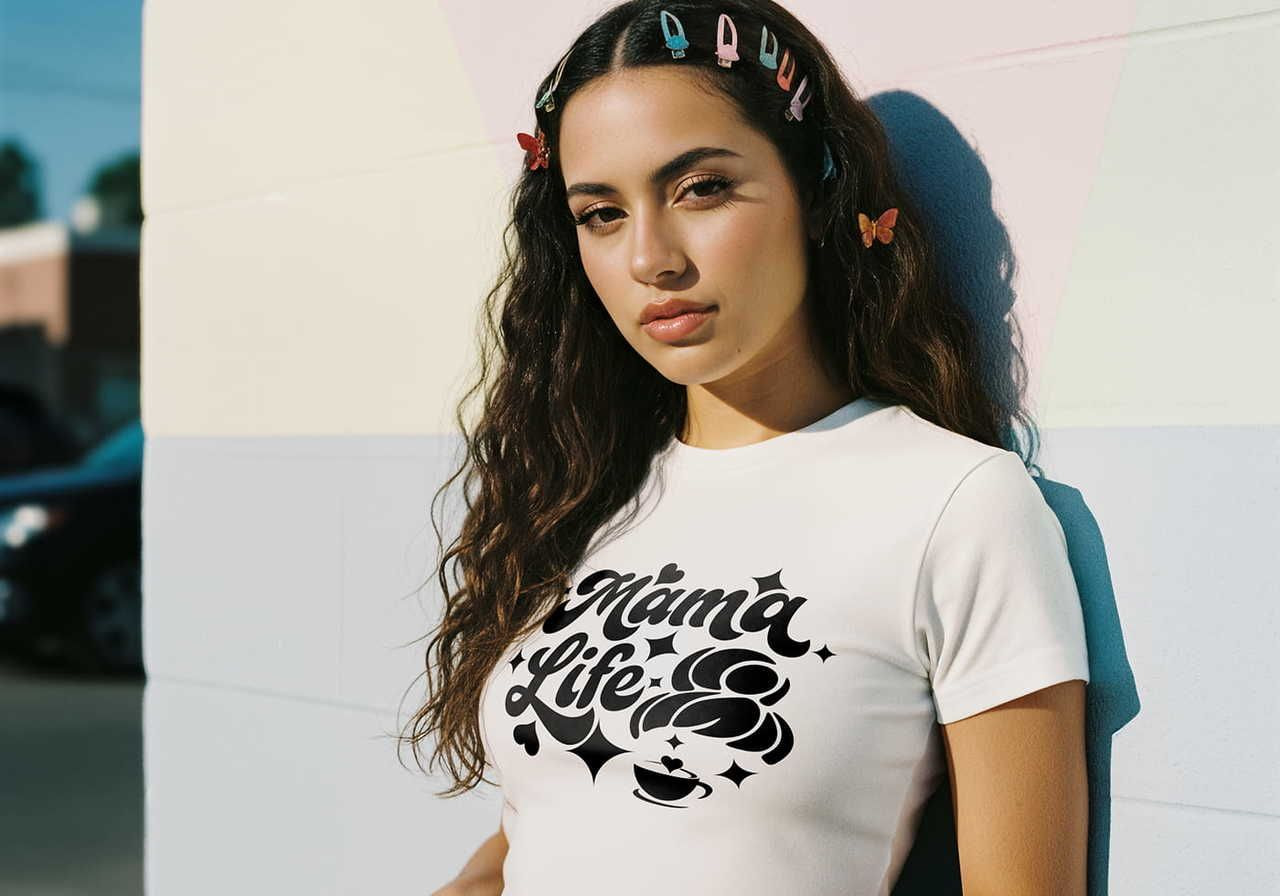 Young woman with long hair stands against a pastel wall, wearing a "Mama Life" t-shirt. Hair adorned with colorful clips and butterflies.