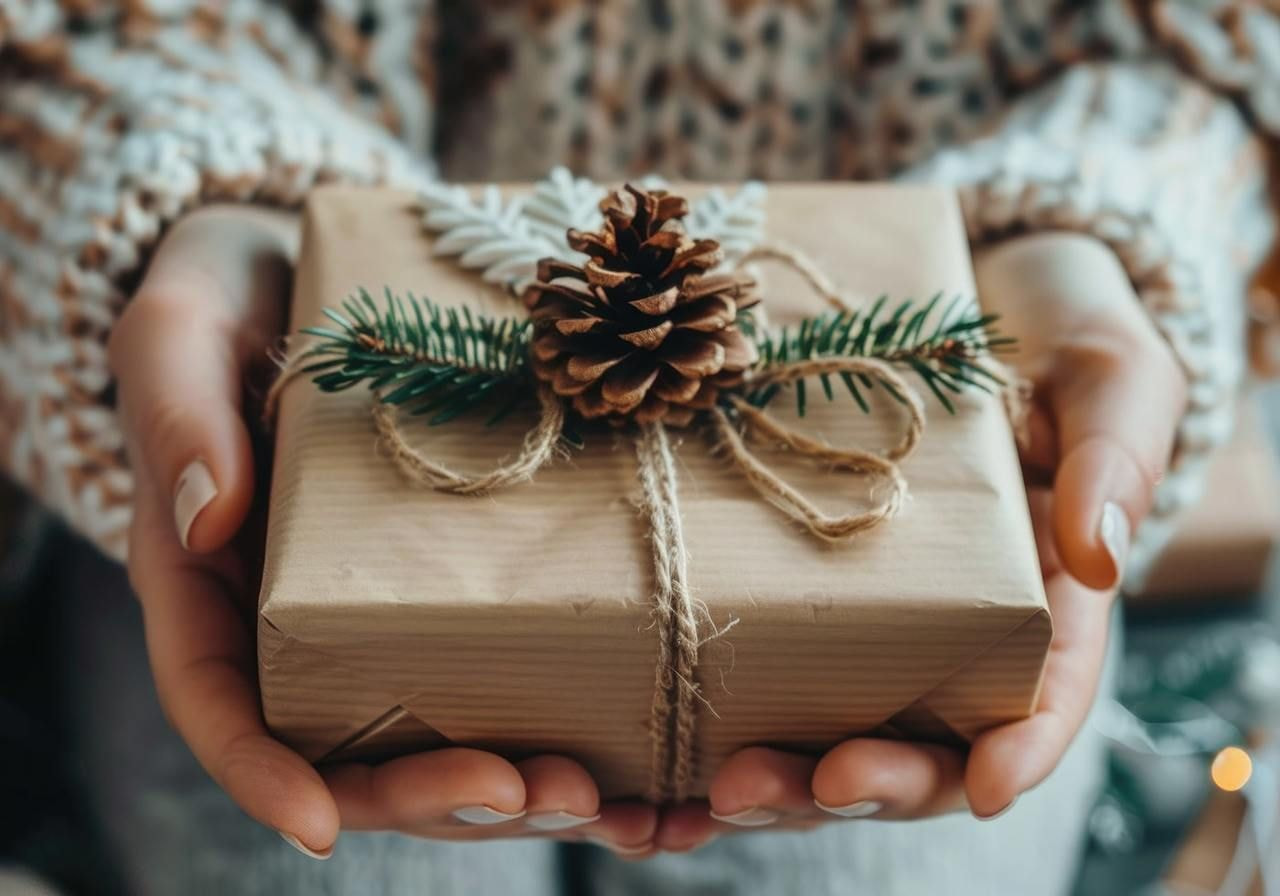 Hands hold a wrapped gift box adorned with a pinecone, green sprigs, and twine.