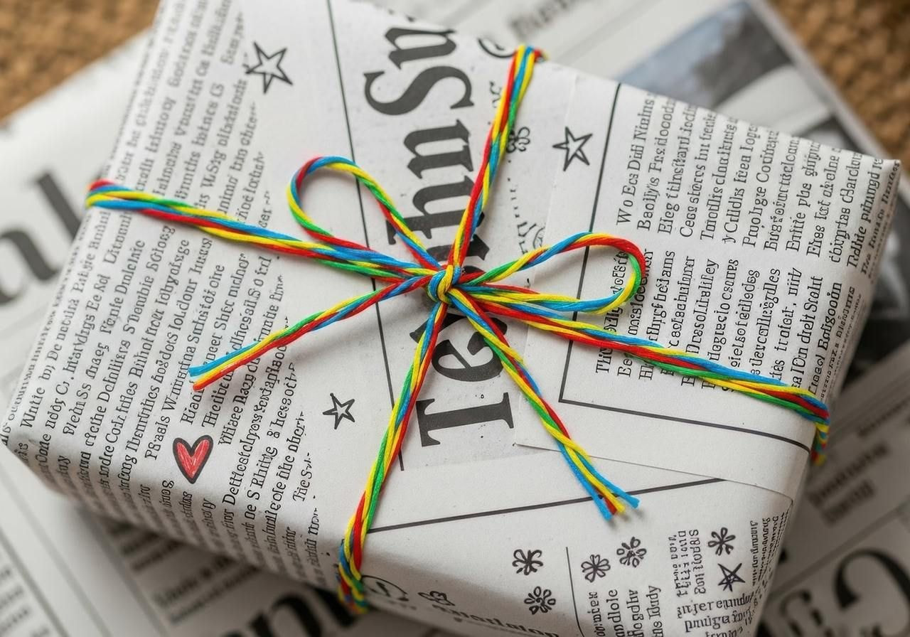 Gift wrapped in recycled newspaper with vibrant rainbow twine tied in a bow.