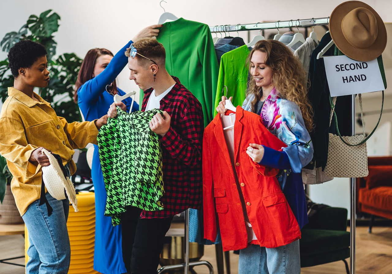 A group of four people browsing clothes in a second-hand shop, with one person holding a green patterned shirt, another holding a red jacket.