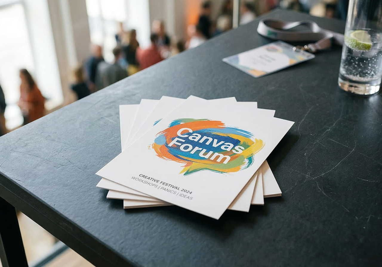 Stack of "Canvas Forum" brochures on a table, with vibrant brushstroke design. Background shows a blurred crowd.