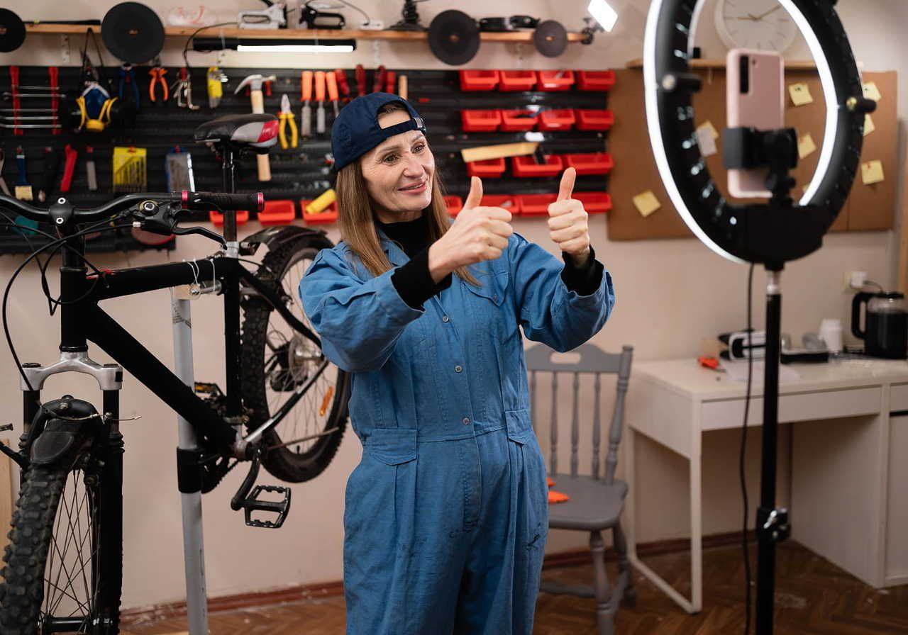 A woman in a blue jumpsuit and cap gives two thumbs up while filming bicycles with a smartphone on a ring light.