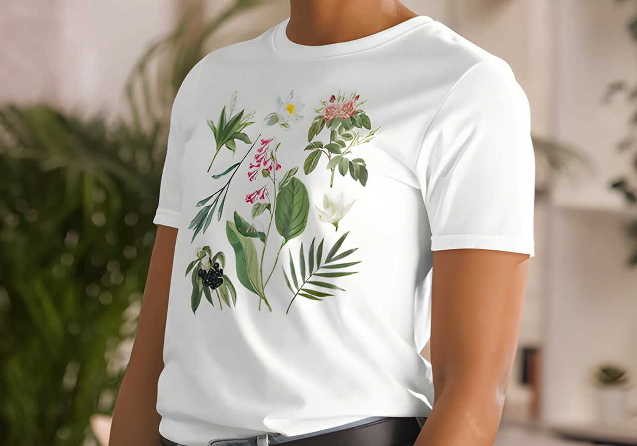 Person wearing a white t-shirt featuring a botanical print of various green leaves and colorful flowers. The background is softly blurred.