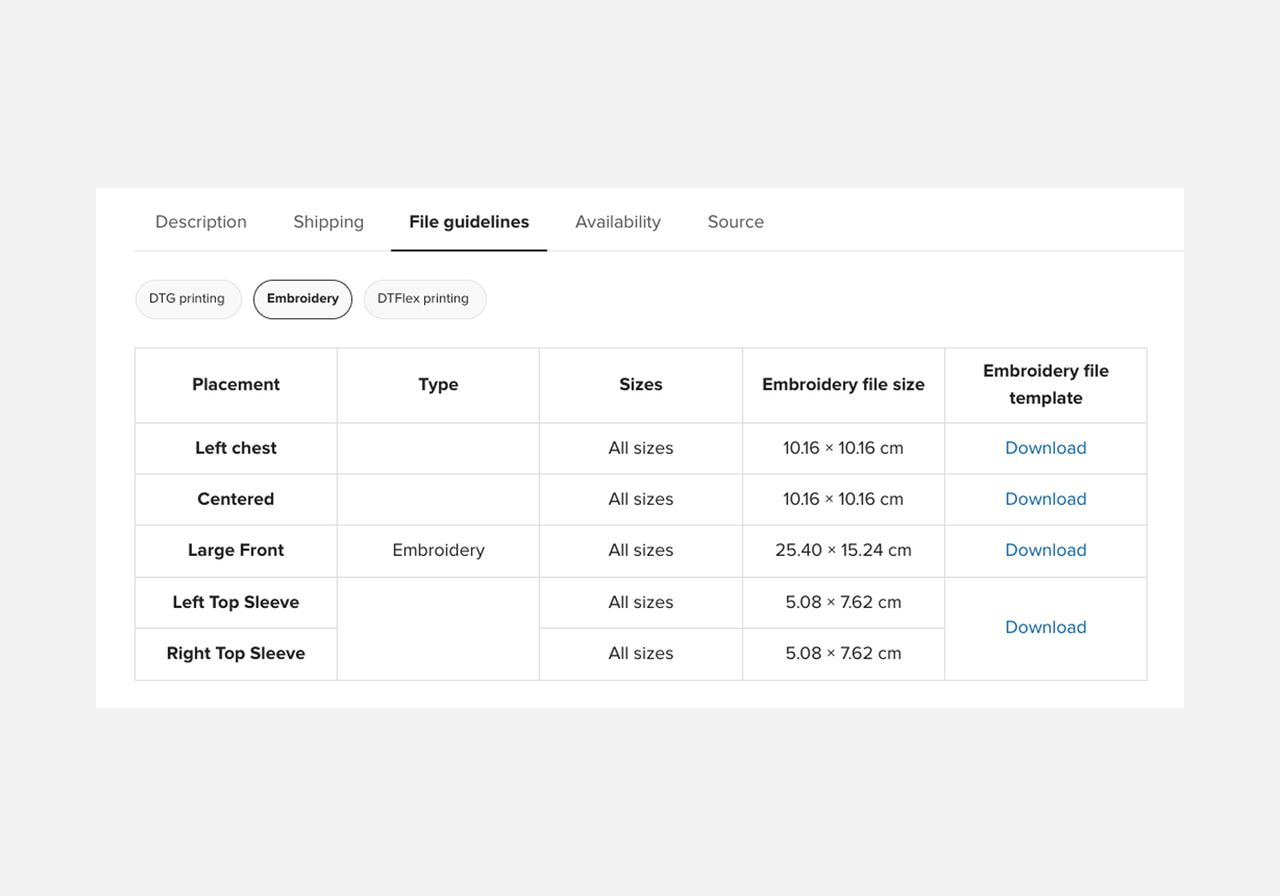 A screenshot showing embroidery logo size and placement for Printful embroidery products.
