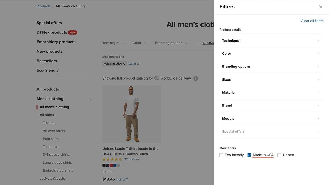 A screenshot of Printful’s product catalog, with enabled filters. 