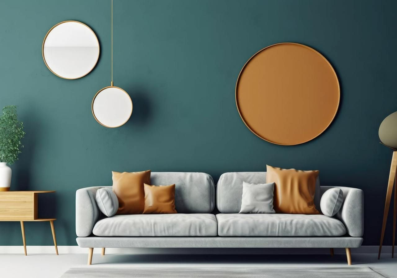 Modern living room with teal wall (a possible color of the year from Pantone), featuring a gray sofa with orange and white pillows.