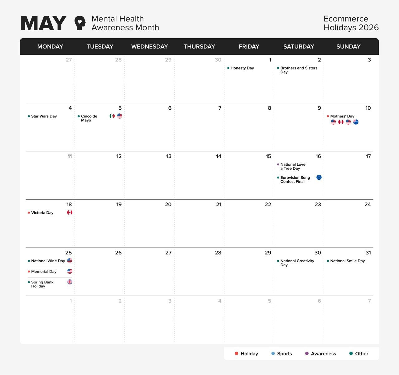 Printful’s eCommerce holiday calendar for 2026, month - May.