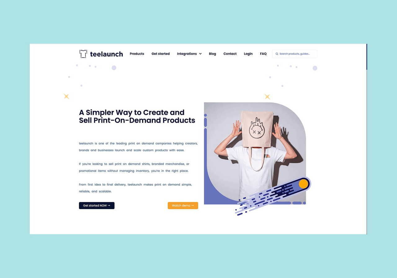 Teelaunch homepage hero section screenshot mockup.