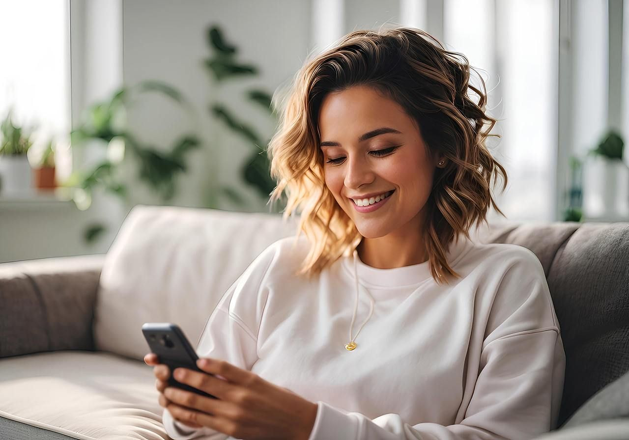 Young woman with wavy hair smiling at her phone, seated on a beige sofa.