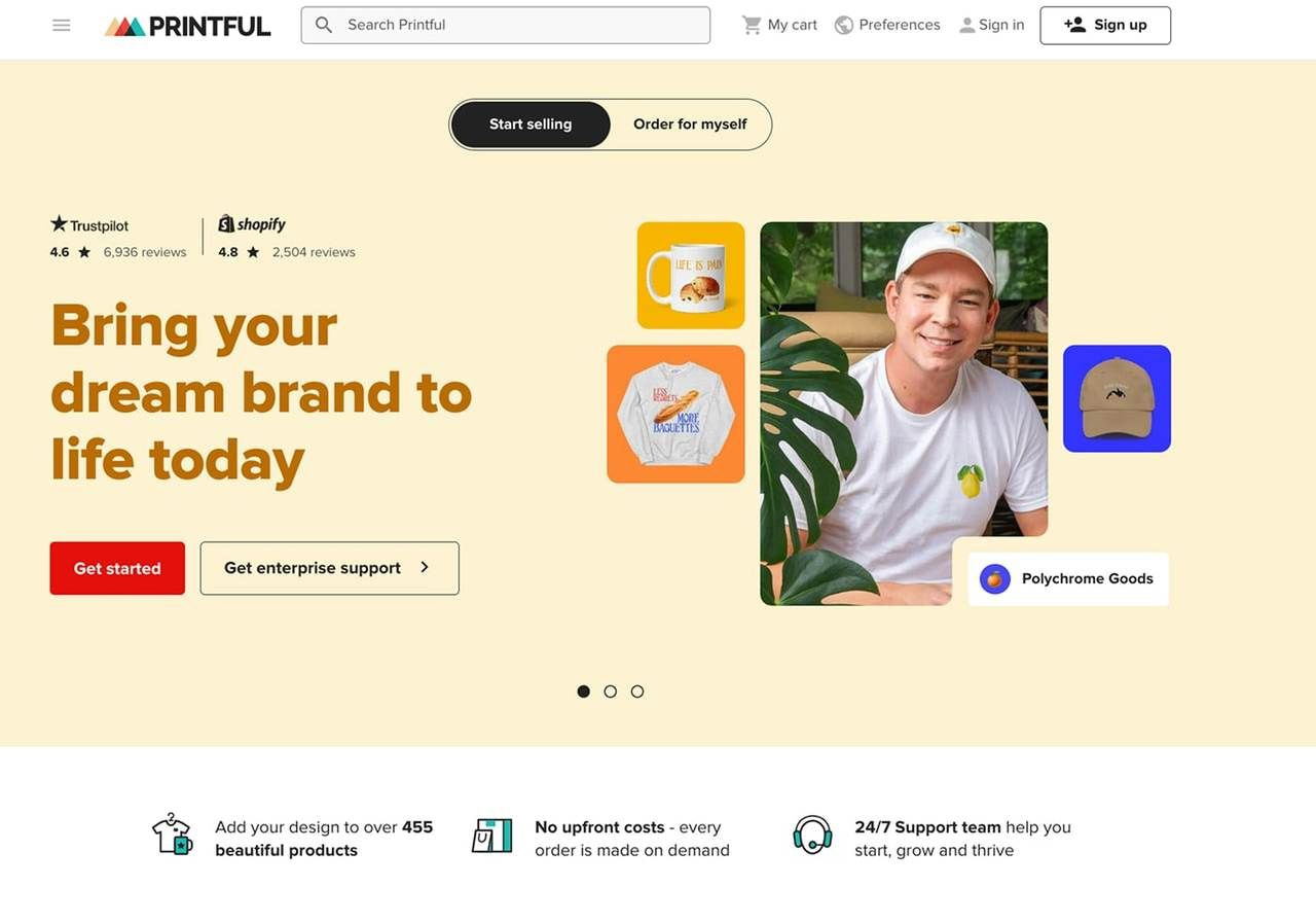 A screenshot of Printful landing page.