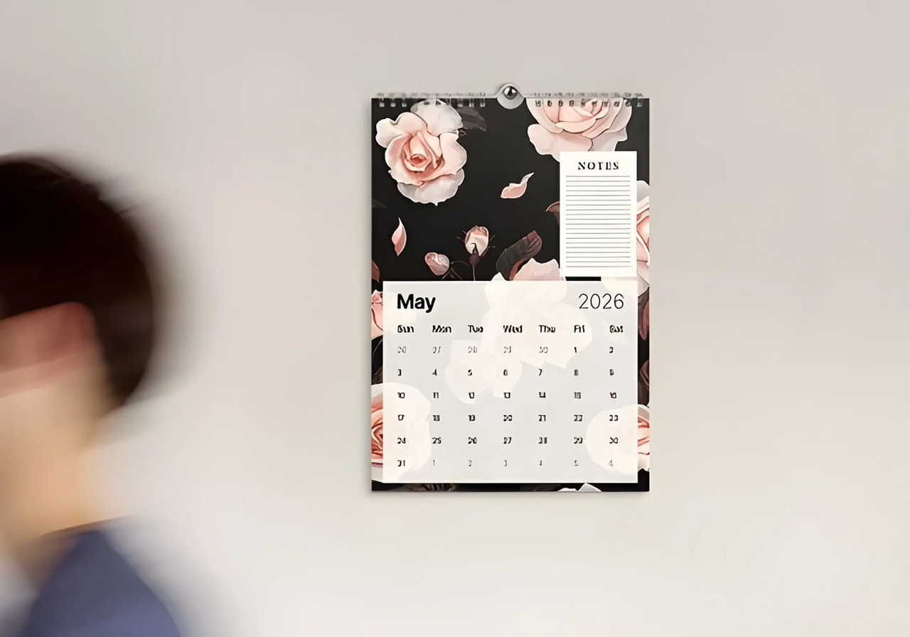 A blurred person walking in front of a 2026 wall calendar with a floral design.