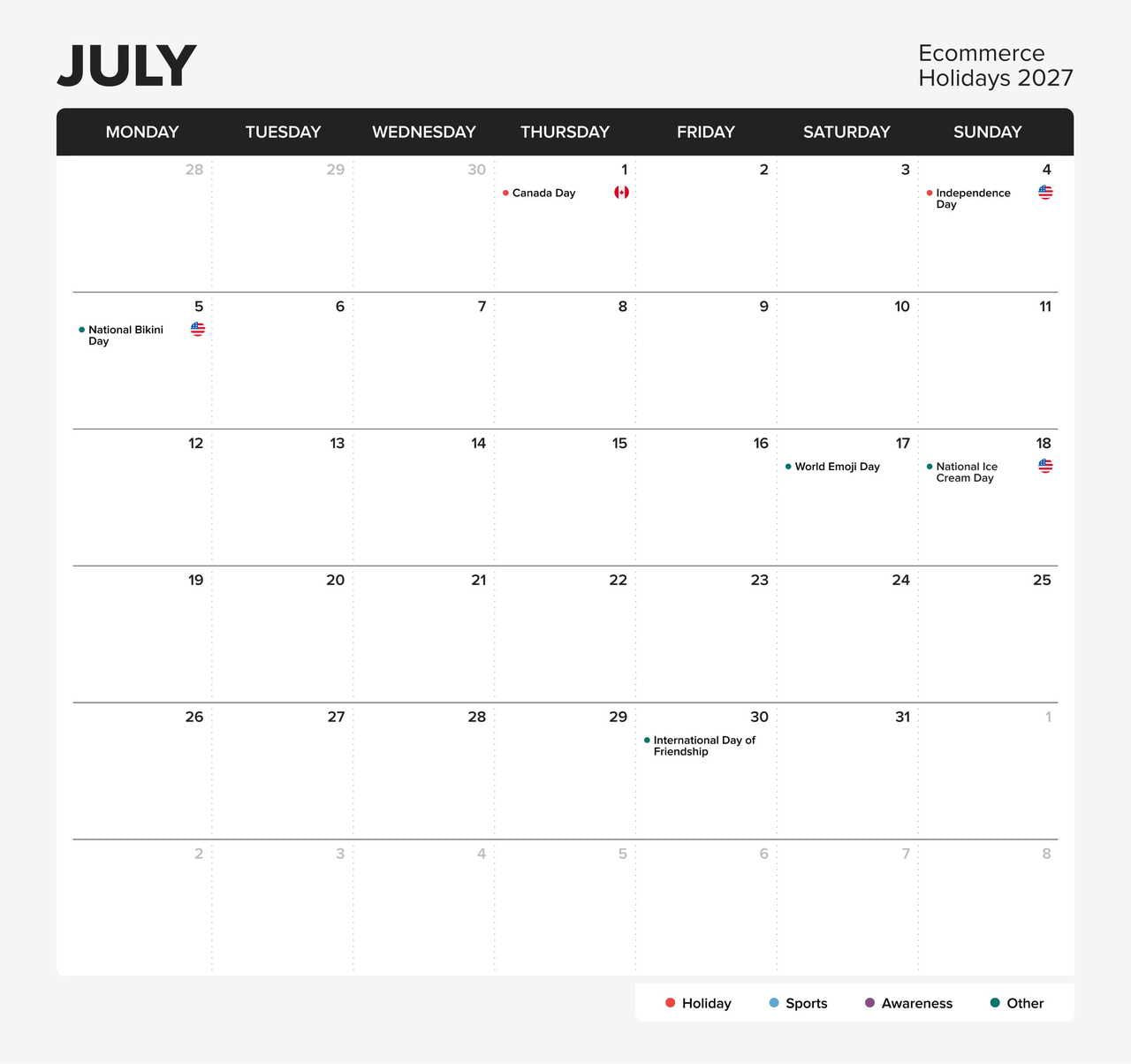 eCommerce holiday calendar 2027 - July.