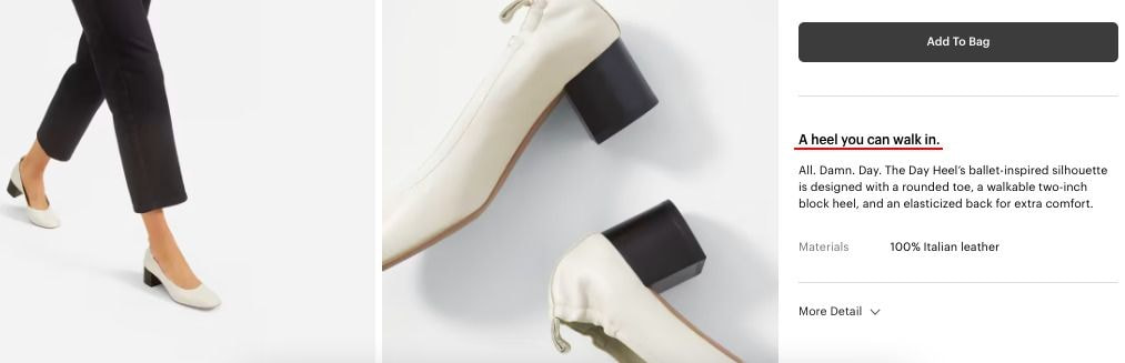 Screenshot of a good product description from the fashion brand Everlane. Text says: A heel you can walk in.