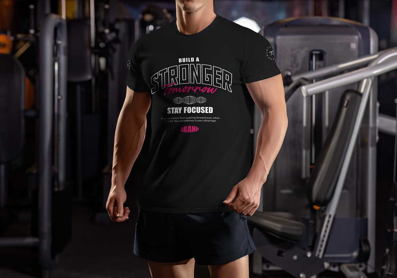 A muscular man in a gym wears a black t-shirt with the text "Build a Stronger Tomorrow" in bold letters.