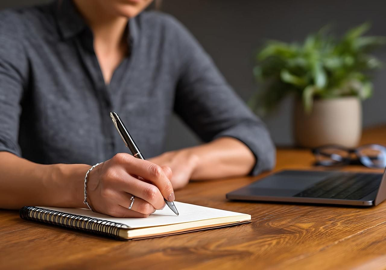 A person is writing in a notebook on a wooden table, surrounded by a calm and focused atmosphere.
