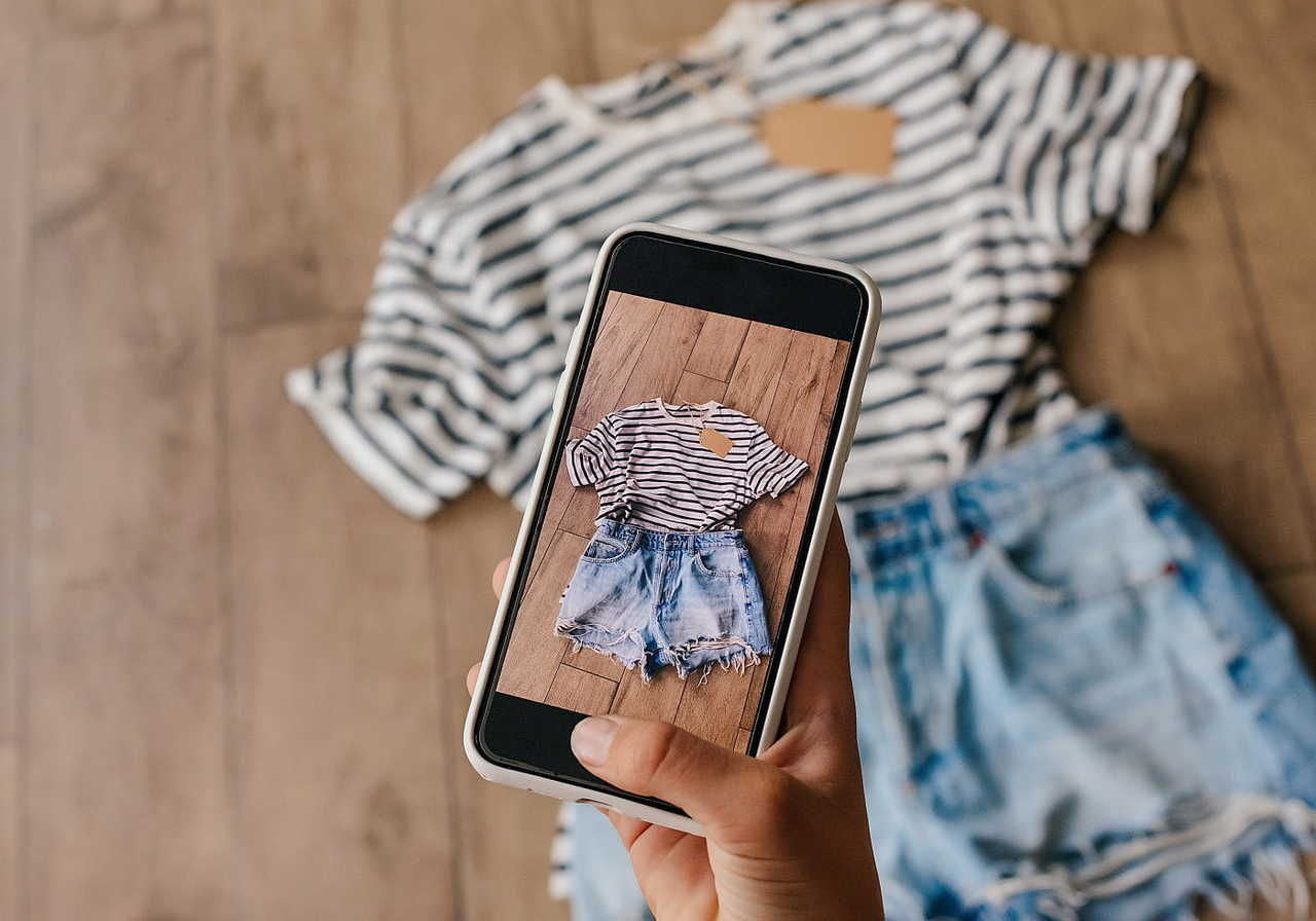 A person holding a smartphone is taking a photo of a striped shirt and denim shorts laid out on a wooden surface.