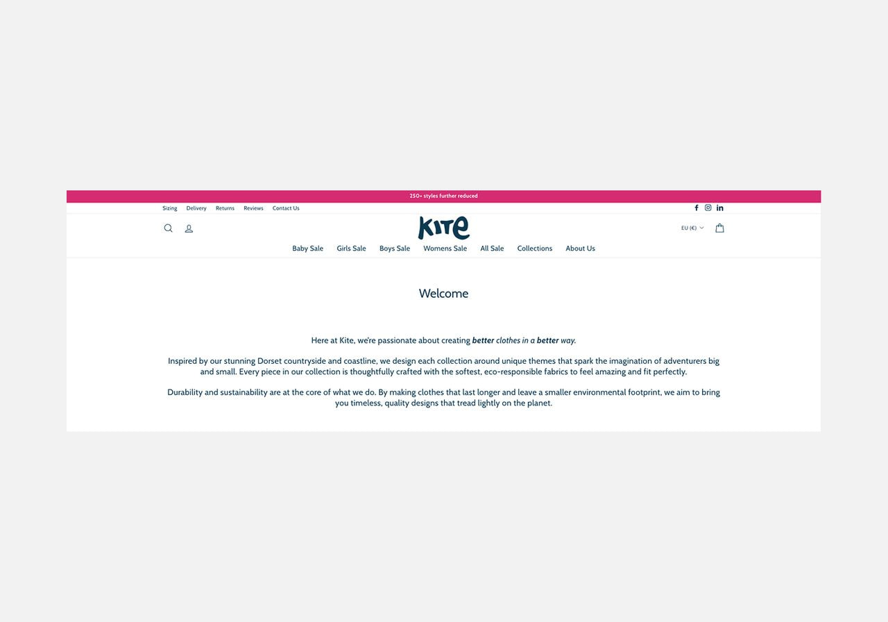 Screenshot of the Kite kids' clothing brand's 'Welcome' about page describing their sustainable, eco-responsible approach.
