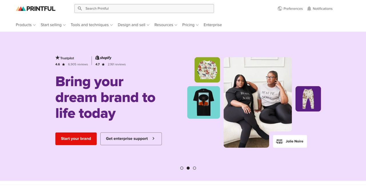 A screenshot of a Printful landing page.