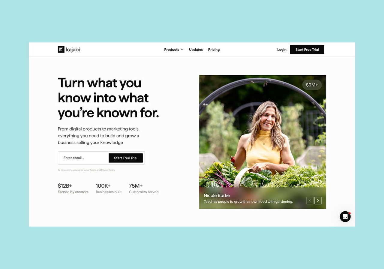 Kajabi homepage hero section screenshot mockup.