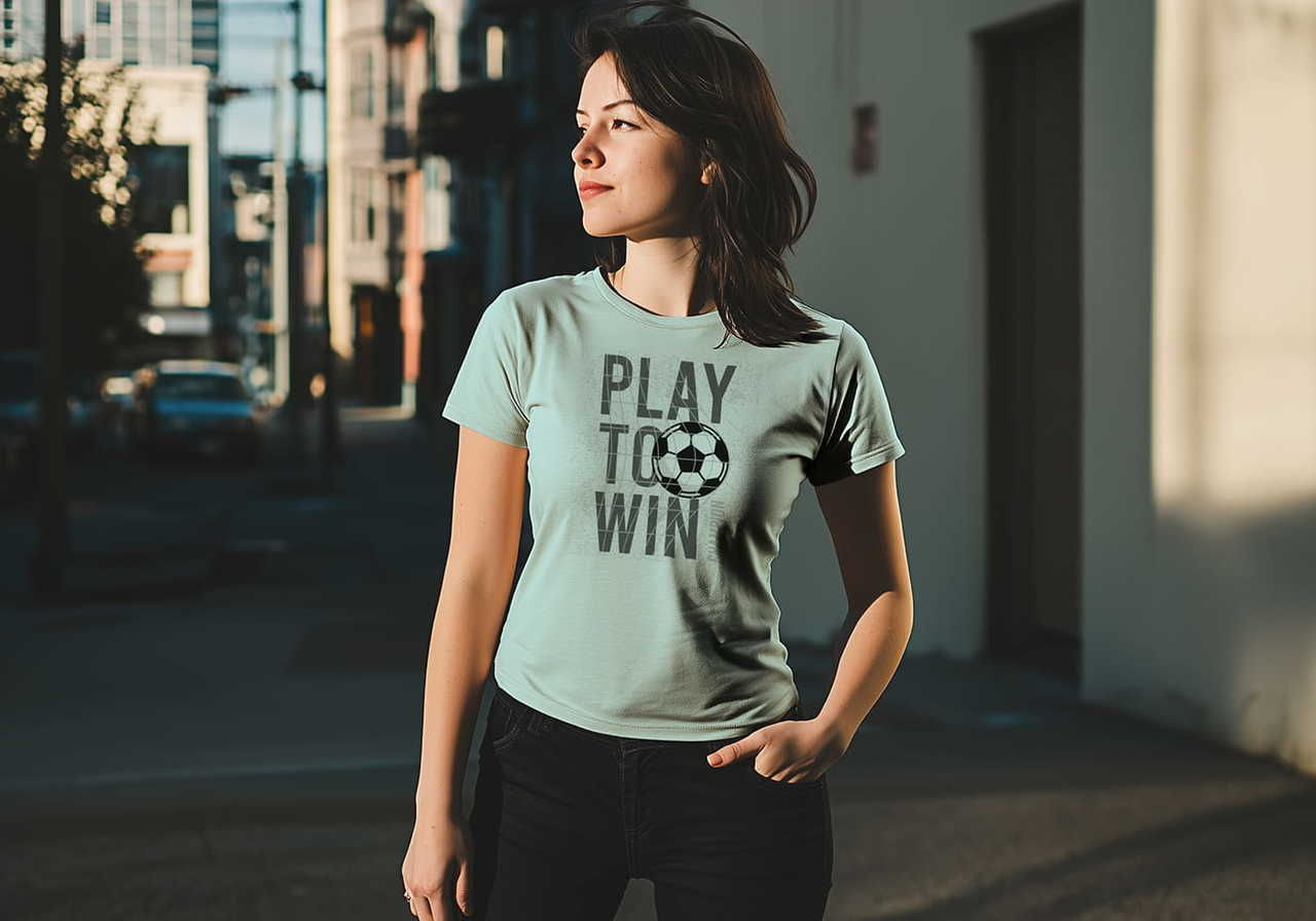 Young woman in sunlight, wearing a "Play to Win" t-shirt with a soccer ball design. Urban background with buildings and cars.