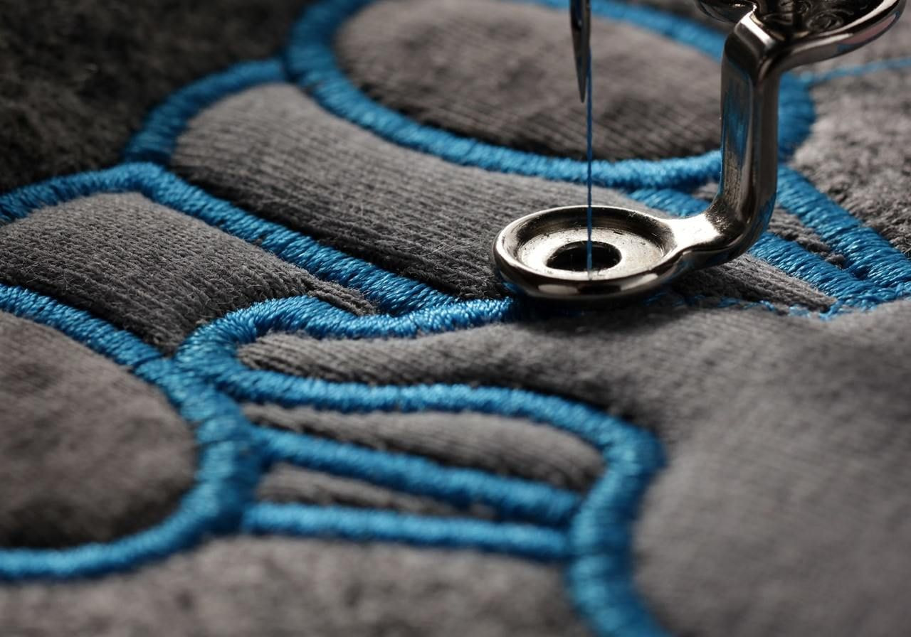 A sewing machine stitches together a blue and grey fabric, showcasing the sewing process in action.