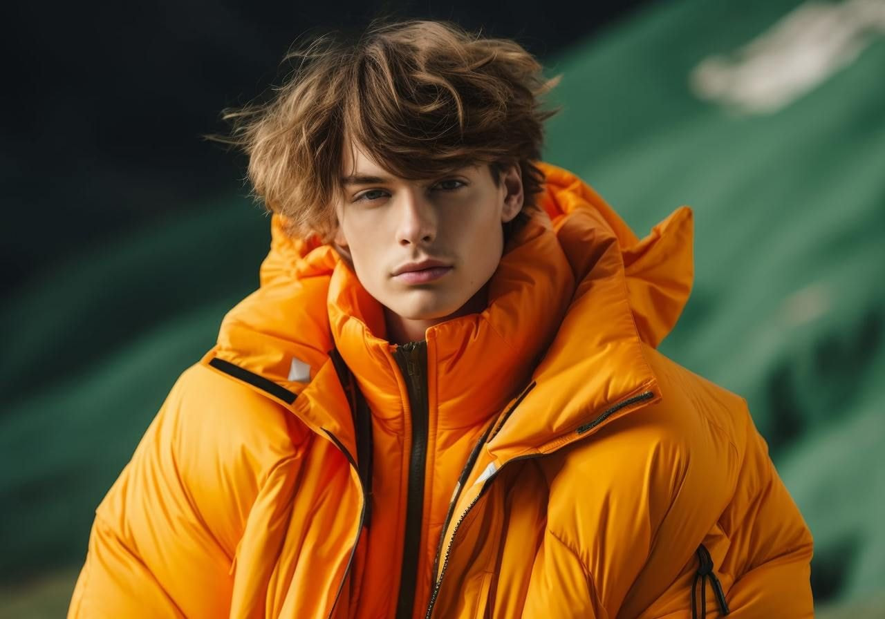 A young man in a vibrant orange puffer jacket poses against a blurred green background. 