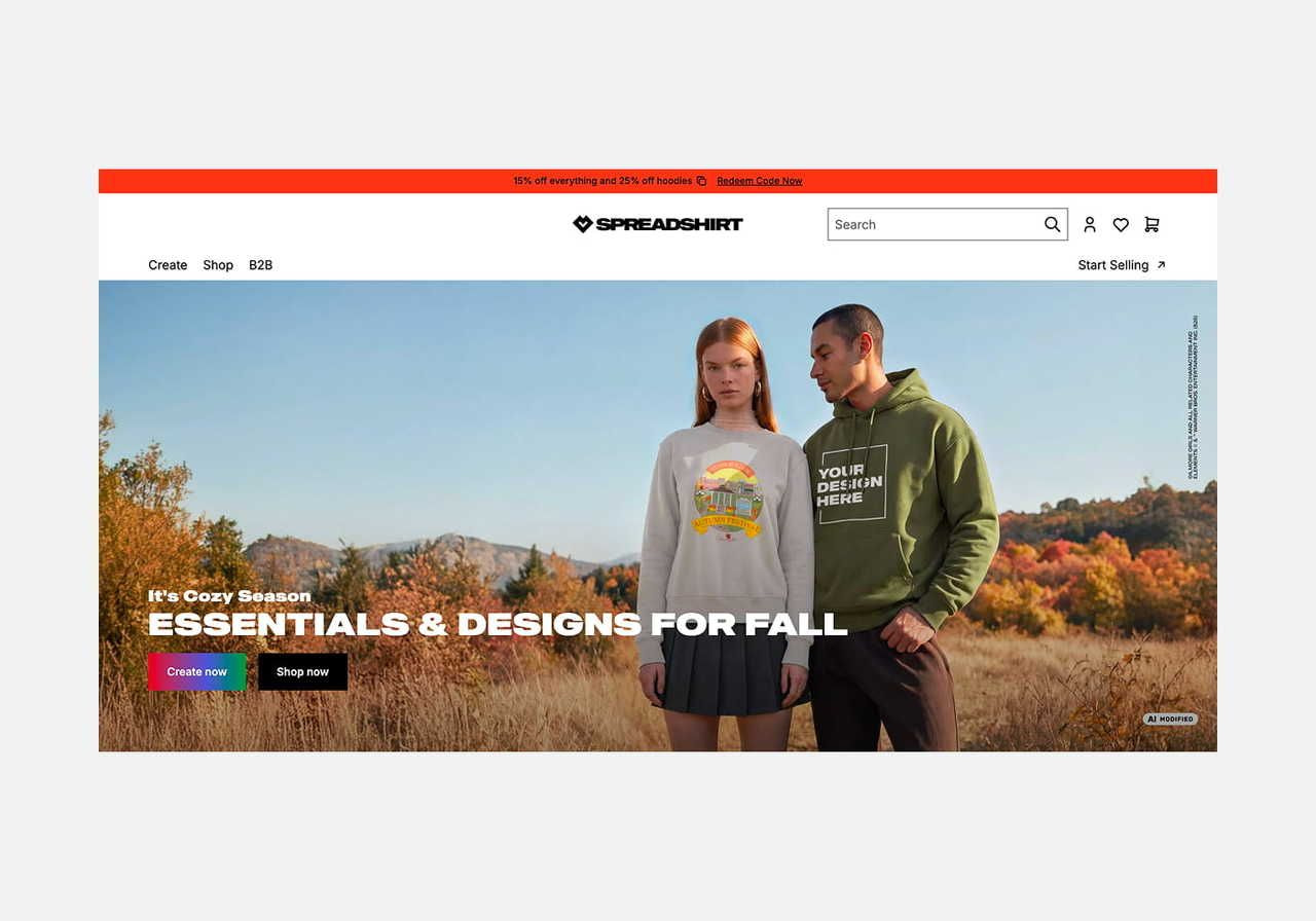Spreadshirt homepage hero section screenshot mockup.