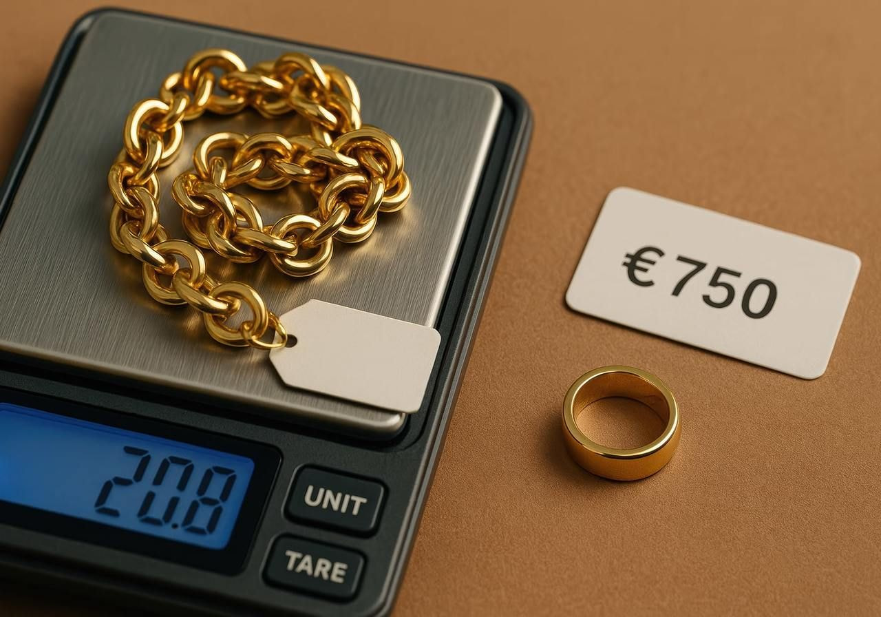 A golden chain and ring placed on a scale, showcasing their weight and value in a jewelry context.